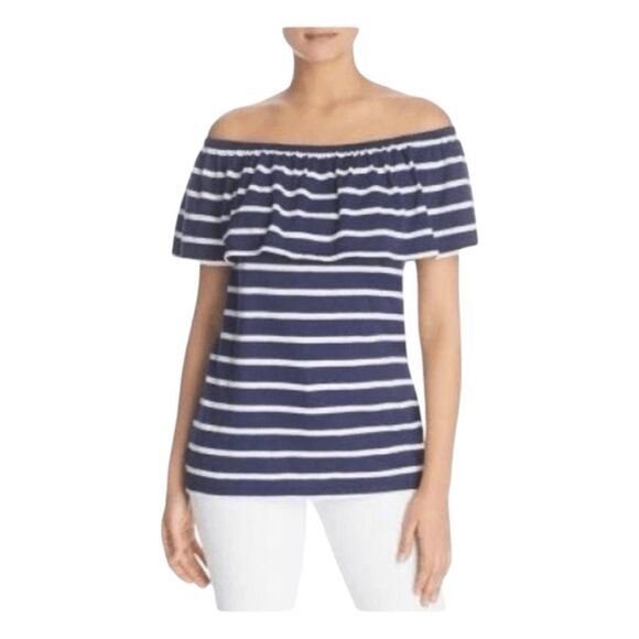 BeachLunchLounge Off Shoulder Top Blue White Chambray Nautical Stripes XS - Picture 1 of 6
